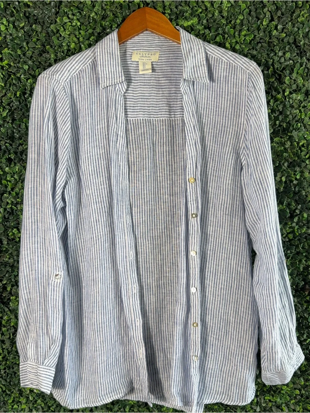 Calypso St. Barth Linen Button Down Shirt Blue White Stripe Large - Picture 6 of 7